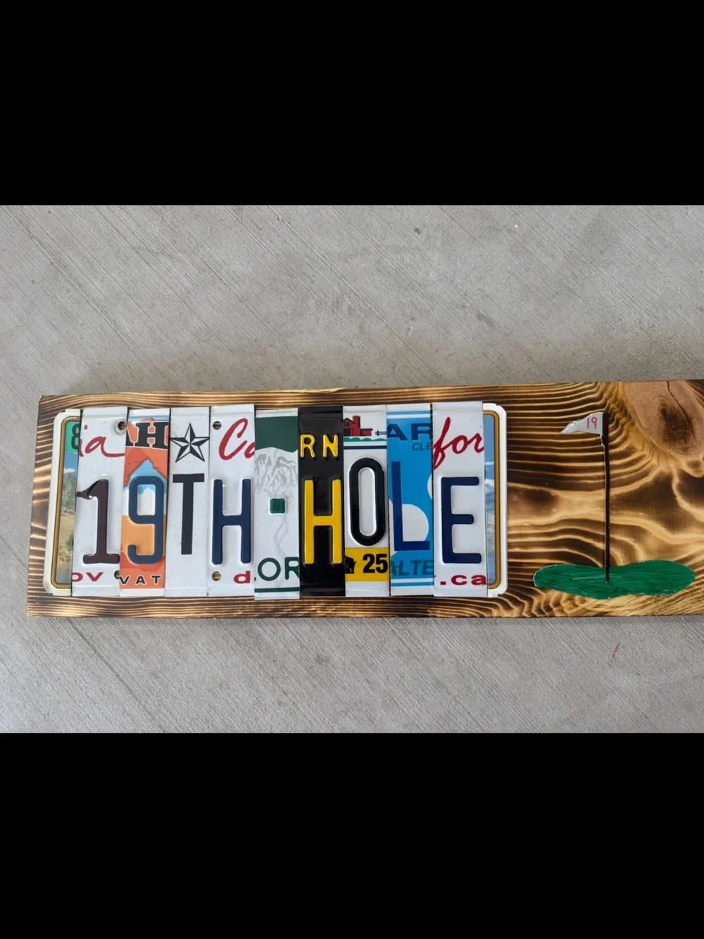 19th Hole License Plate Wall Art - Brown Wood Golf Sign